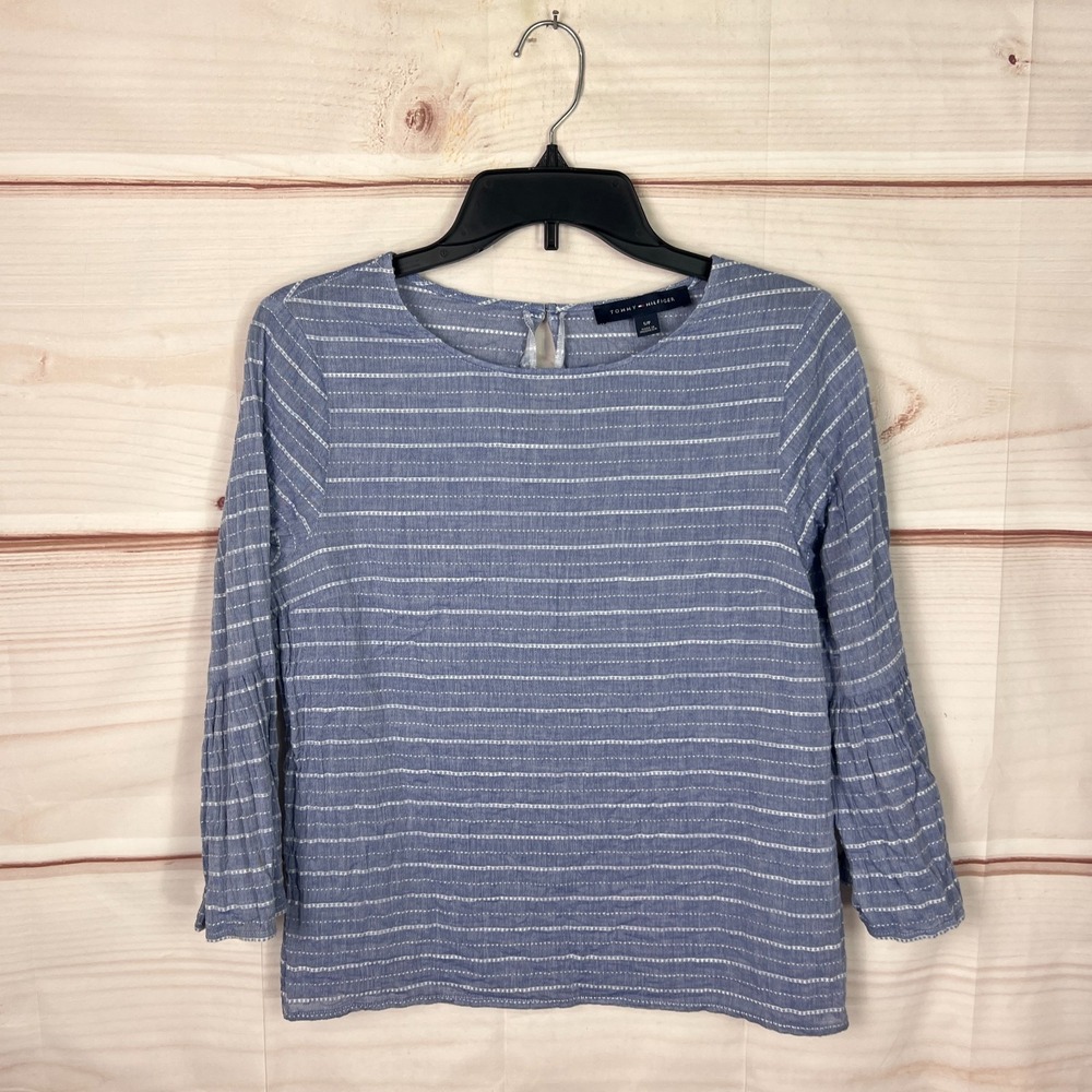 Tommy Hilfiger Top Womens S Blue Embroidered‎ Stripe Blouse Bell Sleeve Pullover